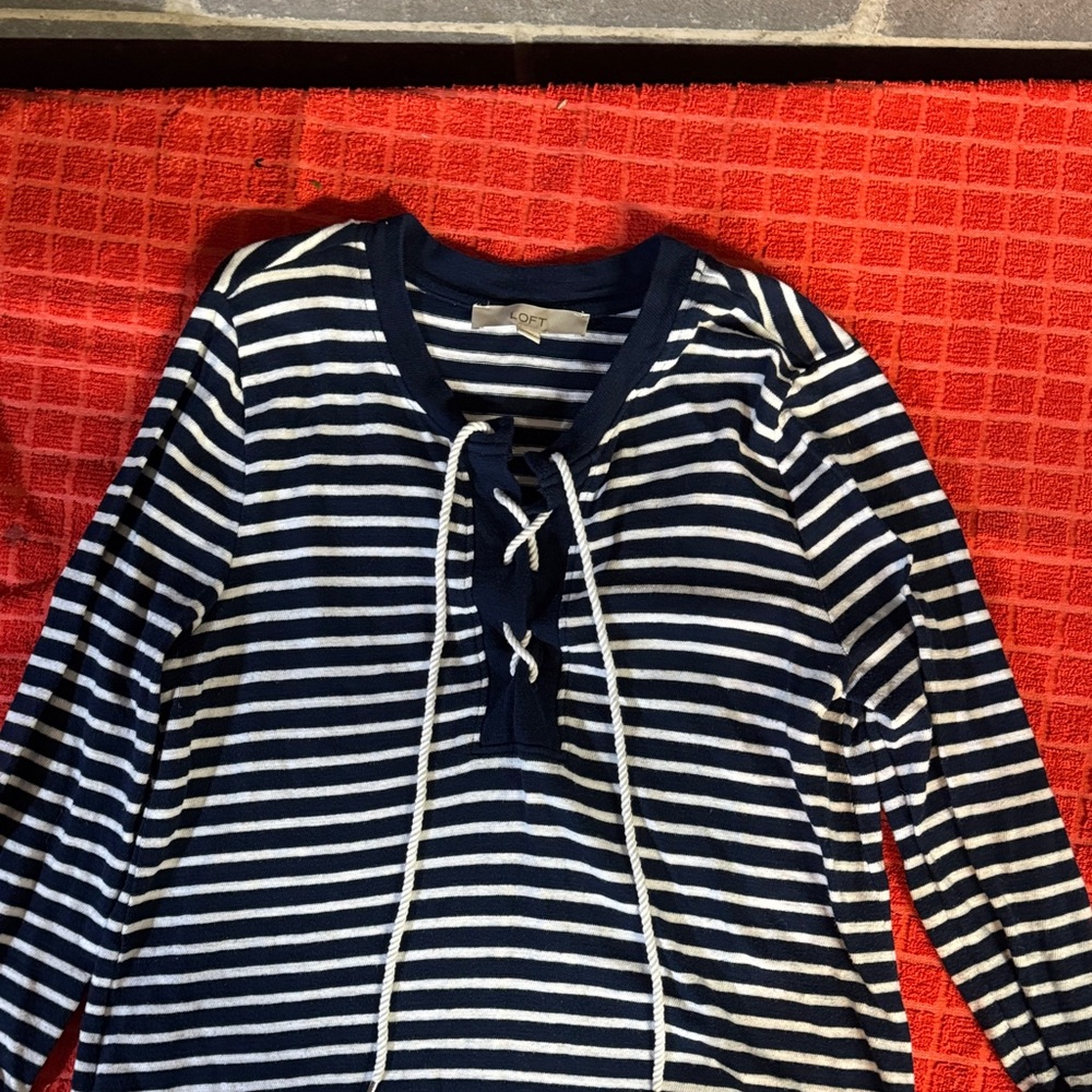 LOFT Navy and White Striped Lace-Up Blouse
